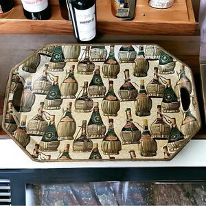 Vintage ISCO Wine Motif Hand Painted Alcohol Proof Bar Tray Cutout Handles